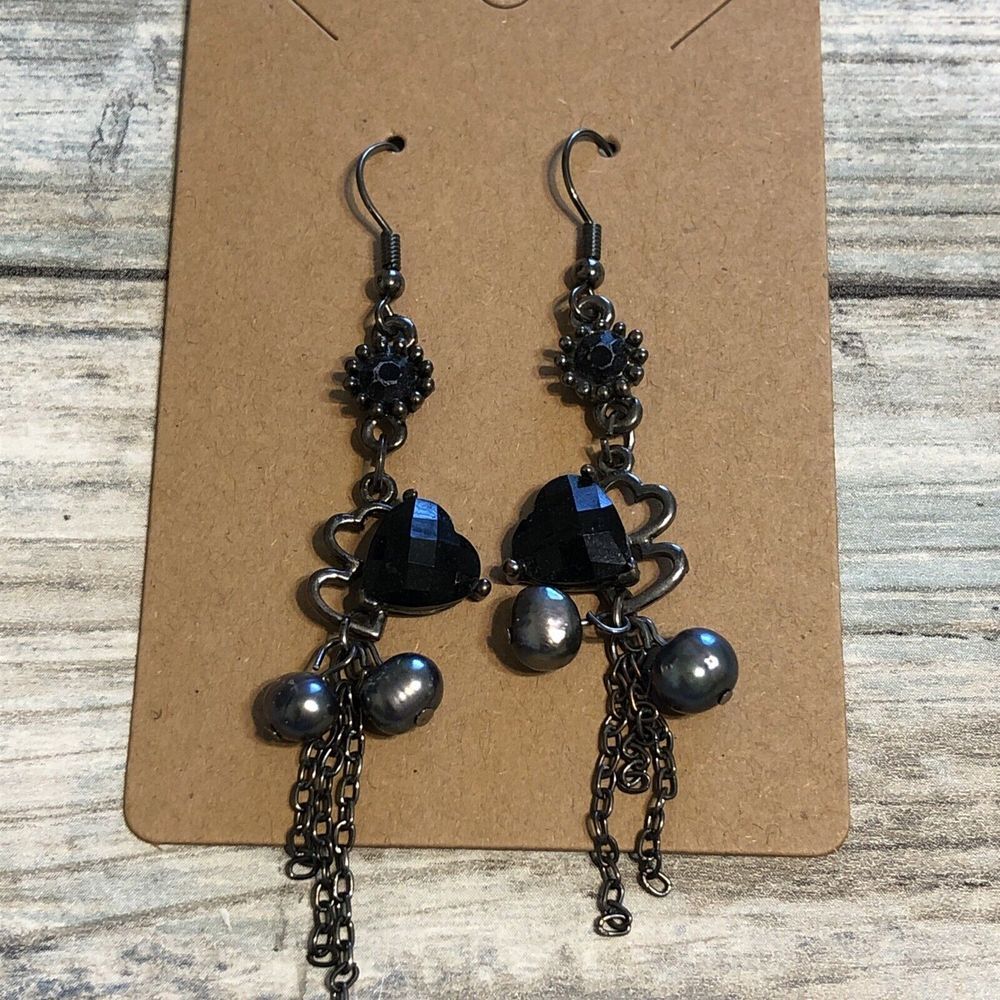 Gunmetal Gray Black Freshwater Pearls Dangle Drop EARRINGS Tassel‎ Chain 3"